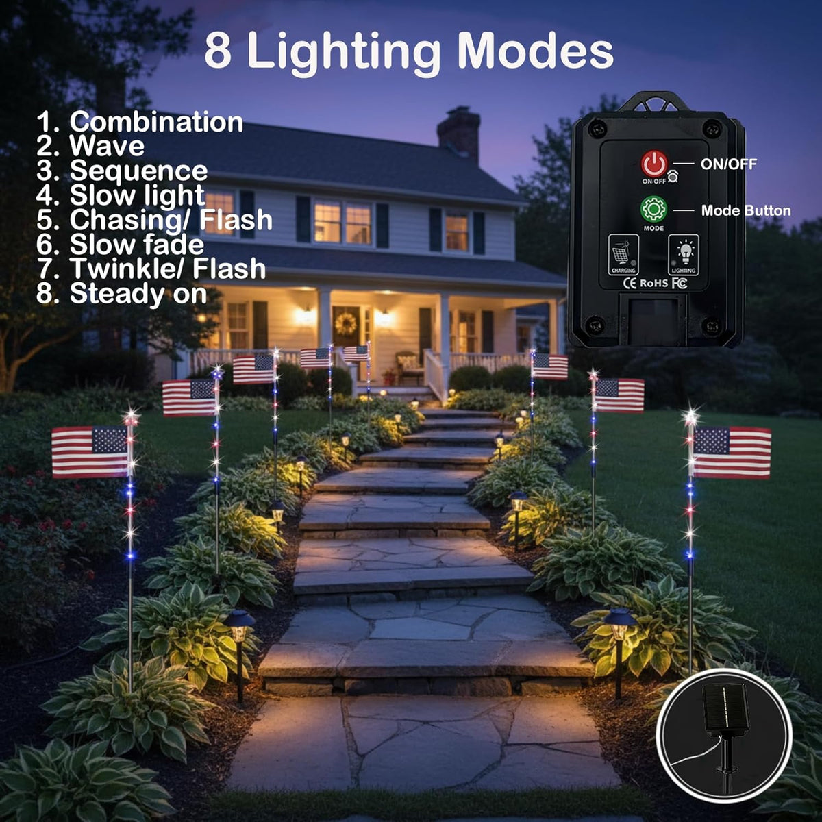 🔥Last Day: 49% OFF🔥8 Solar American Flag Pathway Lights – Red, White & Blue Yard Glow for 250th Independence Celebration 🇺🇸✨