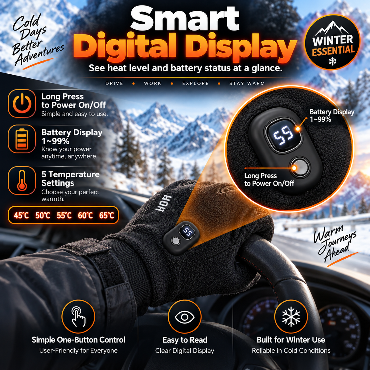 Rechargeable Electric Heated Gloves with Soft Warm Fleece & Display