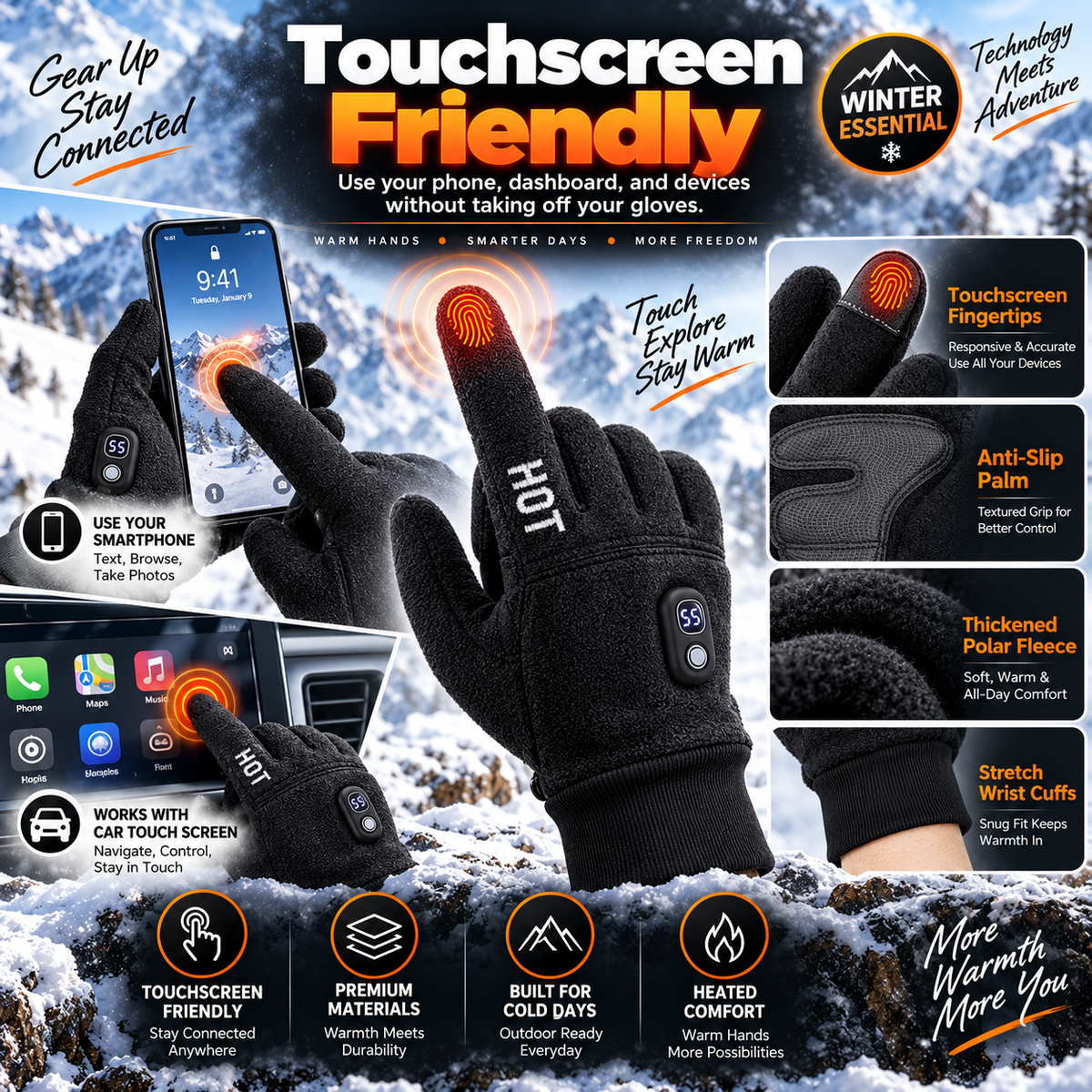 Rechargeable Electric Heated Gloves with Soft Warm Fleece & Display