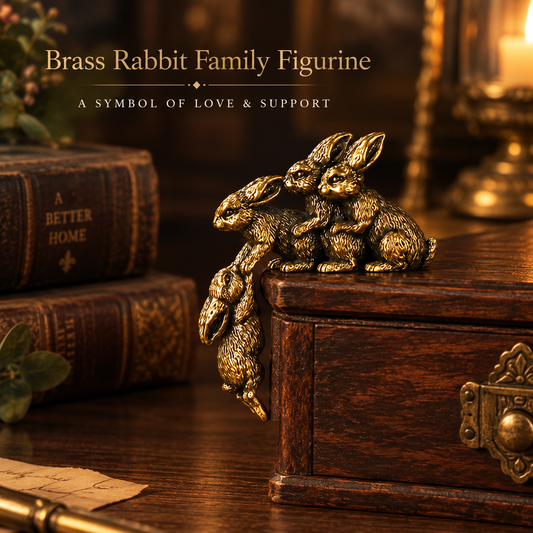 Solid Brass Loving Rabbit Family Figurine Four Bunnies Desk Decor Gift